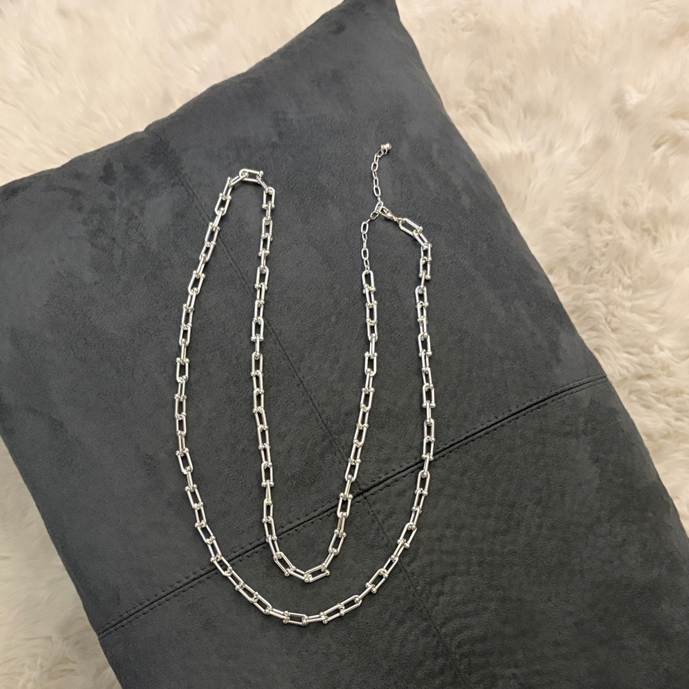 Silver tone Chain Necklace - Rectangular Link Long Chain